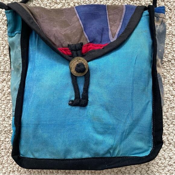 Indonesian Made Bag Crossbody Batik Tie Dye Print Flap Closure Blues Tan Brown - Picture 3 of 11